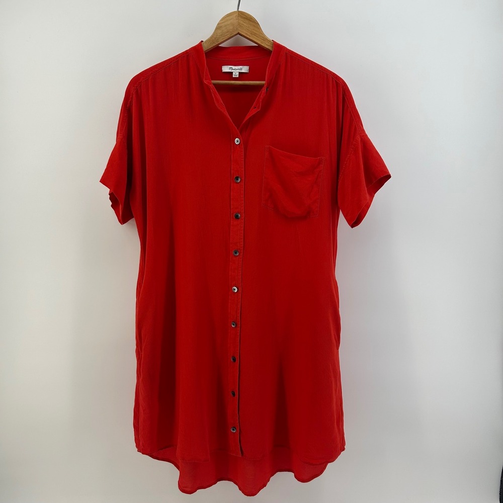 Madewell Red 100% Silk Short Sleeve Button Front Shirt Dress G5597 Women S